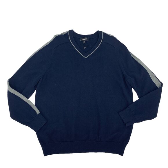 Express Sweater Mens XL Extra Large Indigo Cotton V-Neck Pullover Striped Sleeve - Picture 1 of 8